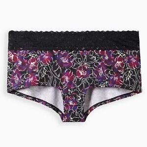 🆕️🌺 BLACK FLORAL WIDE LACE TRIM BOYSHORT PANTY - 95% COTTON🌺